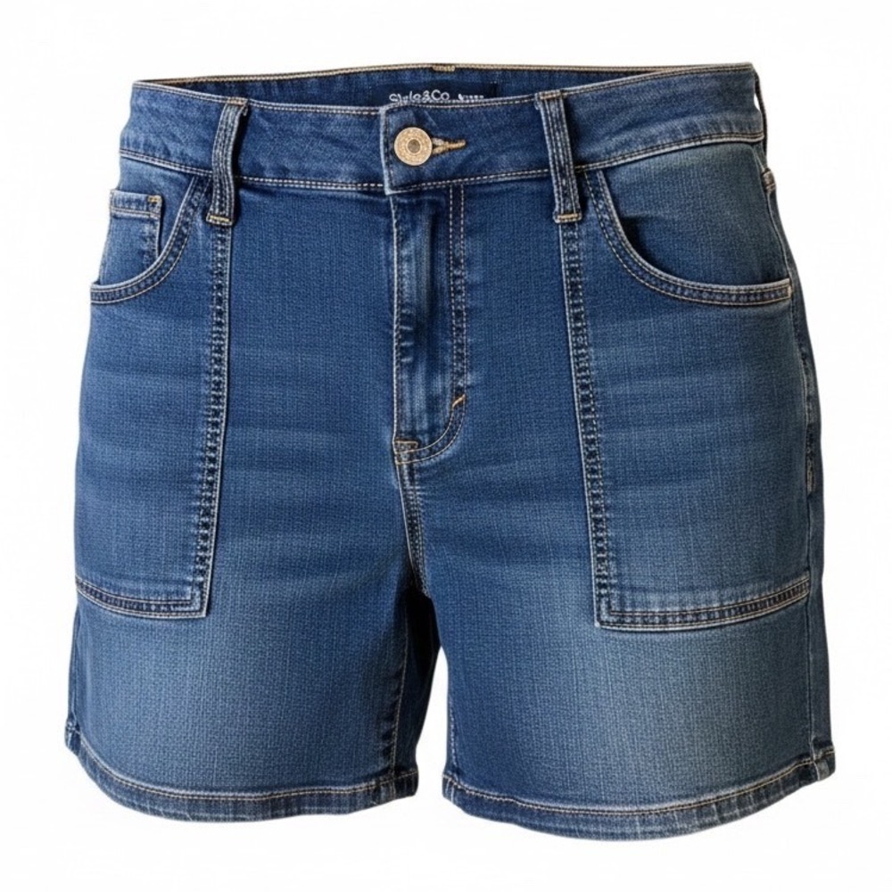 Style & Co Denim Shorts Women's Size 12 Blue Mid Rise Stretch Utility Pockets